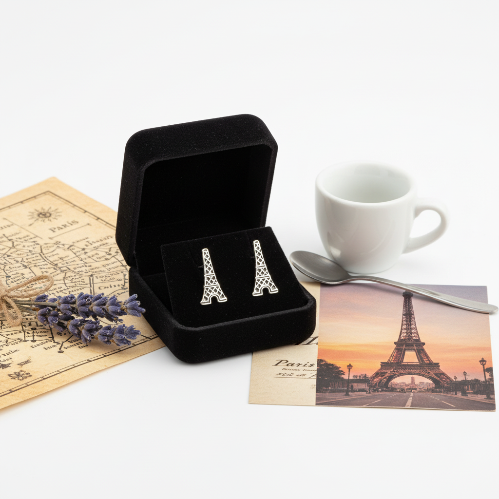 Sterling silver Eiffel Tower earrings by Melchior Jewellery displayed in black box with Paris map and cup