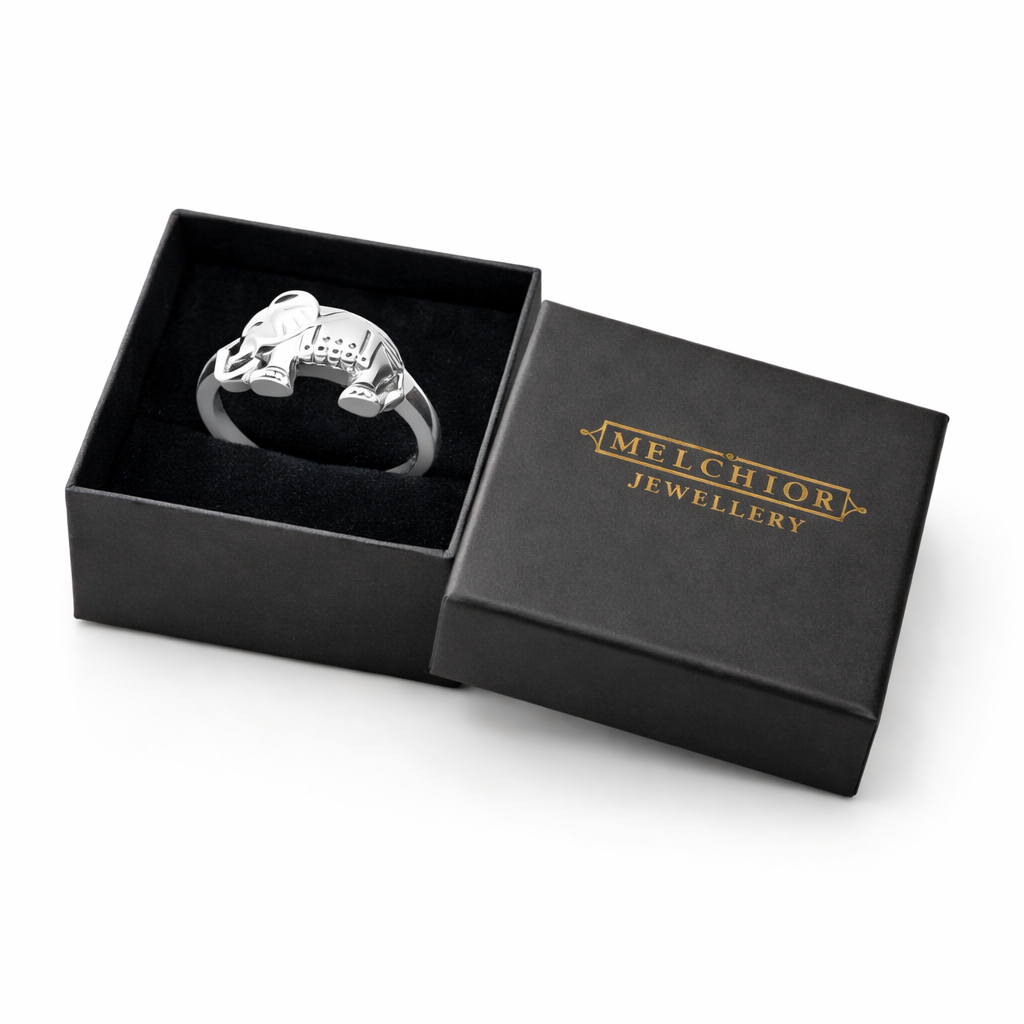 Sterling silver elephant ring for women by Melchior Jewellery in black gift box