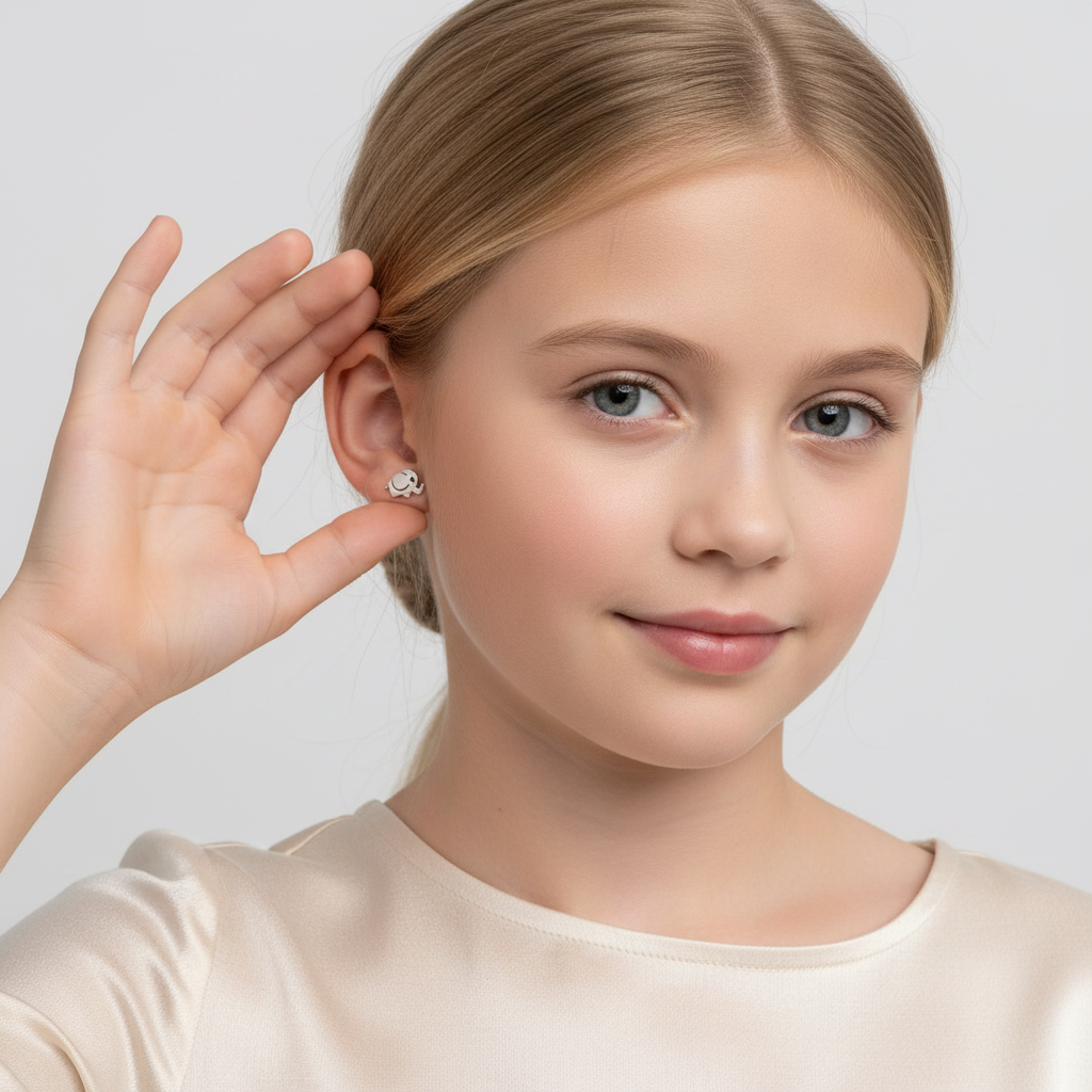 Melchior Jewellery sterling silver elephant studs for girls worn by a young girl with light hair