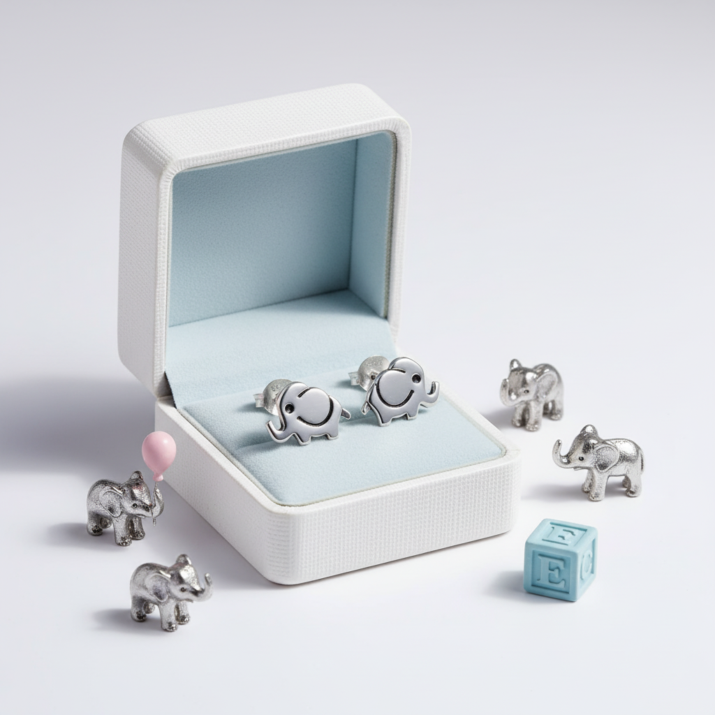 Melchior Jewellery sterling silver elephant studs for girls in white box with elephant figurines and block