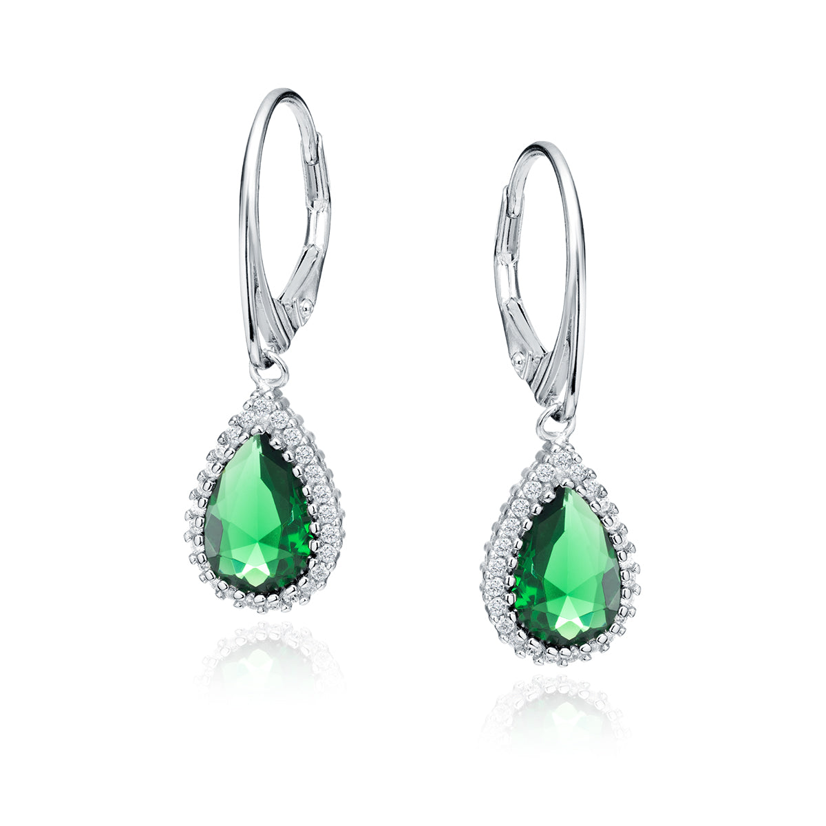 Melchior Jewellery sterling silver emerald drop earrings with pear shaped green gemstones and clear stones