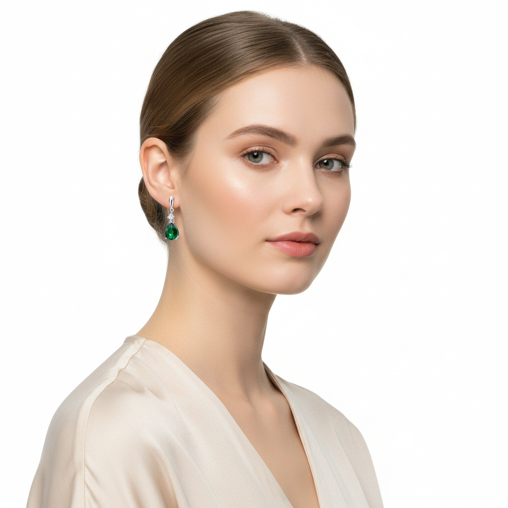 Melchior Jewellery sterling silver emerald drop earrings worn by woman with neutral make-up and cream blouse