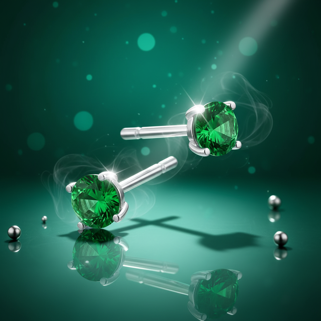 Sentiell sterling silver emerald green stud earrings with sparkling round gemstones on reflective surface