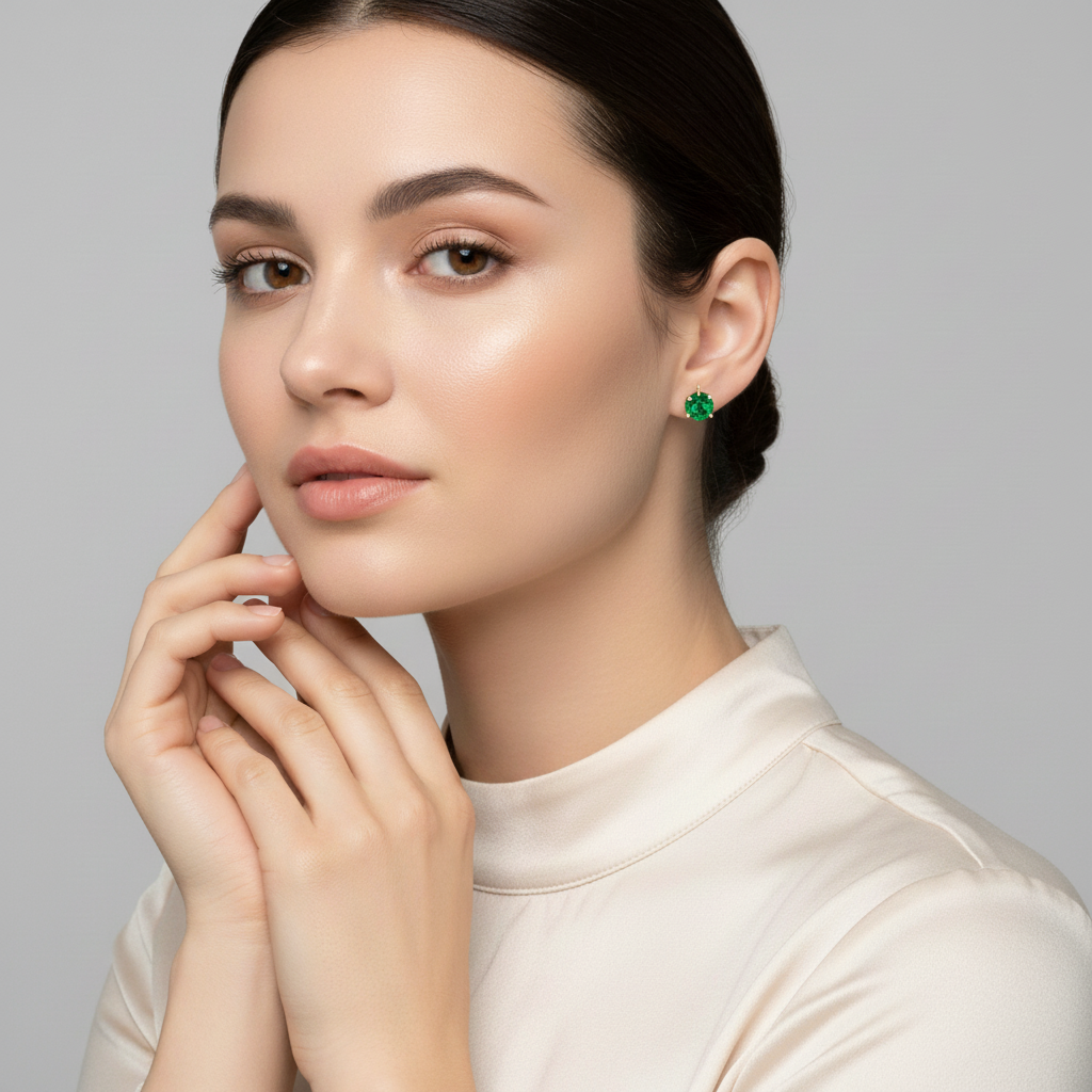 Sentiell sterling silver emerald green stud earrings worn by woman with neutral makeup and cream top