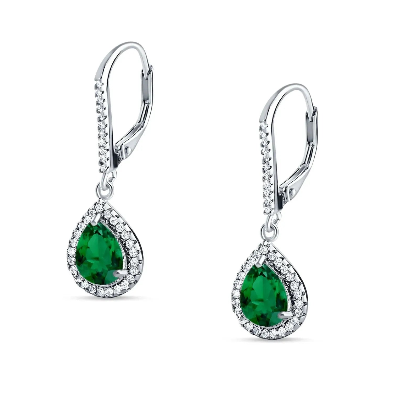 Sterling Silver Emerald Pear Halo Leverback Drop Earrings by Melchior Jewellery with green gemstone and crystal detailing