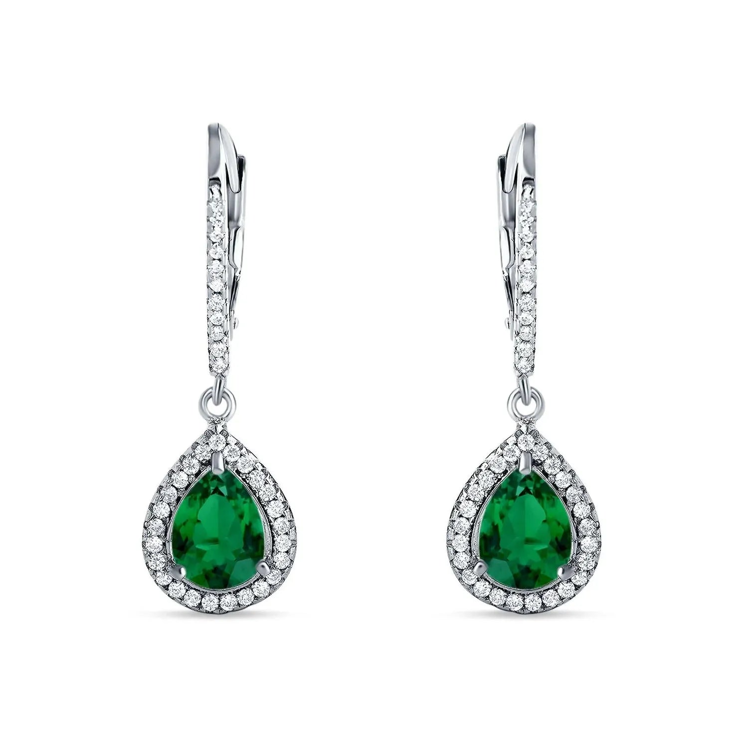 Sterling Silver Emerald Pear Halo Leverback Drop Earrings by Melchior Jewellery for women