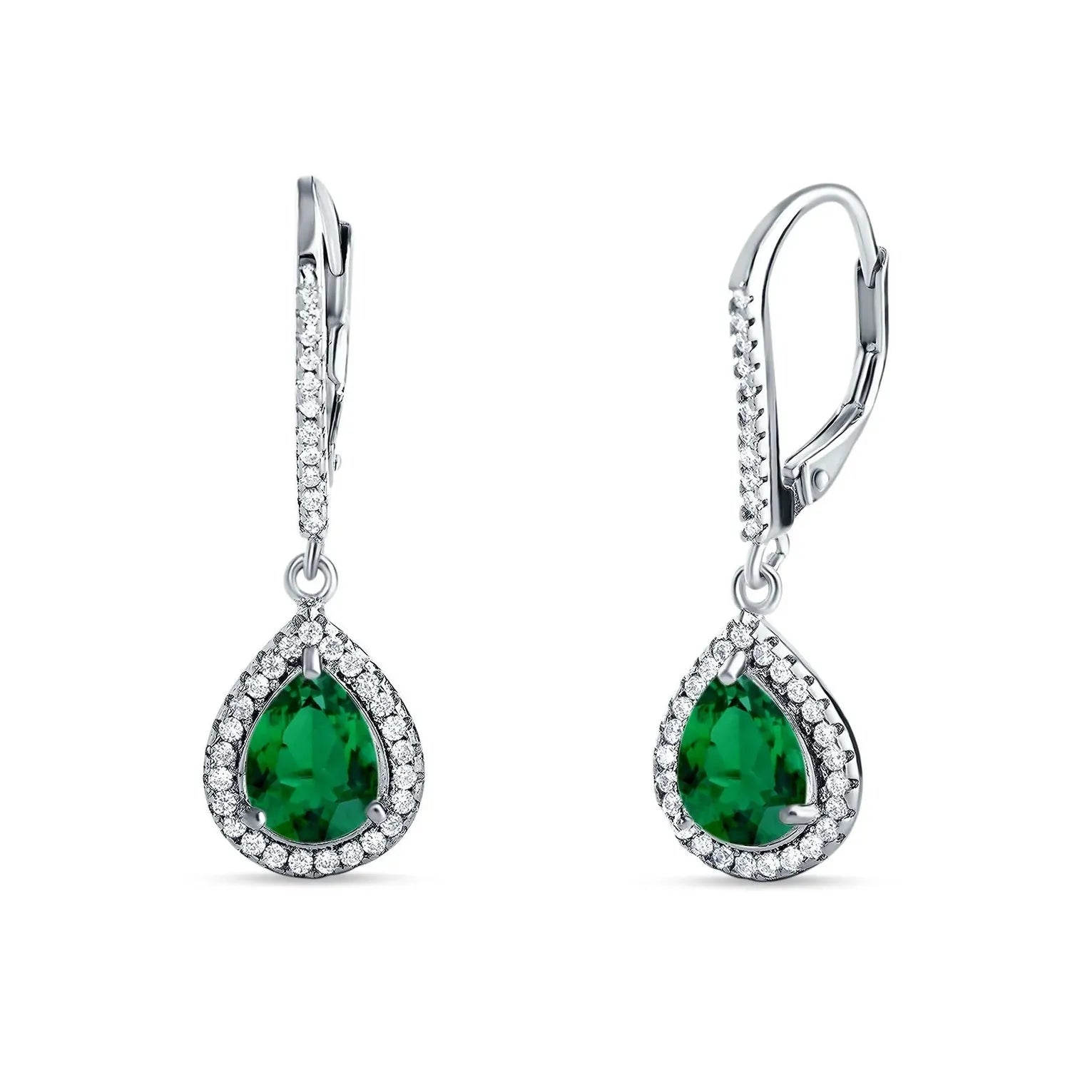 Sterling Silver Emerald Pear Halo Leverback Drop Earrings by Melchior Jewellery with sparkling stones