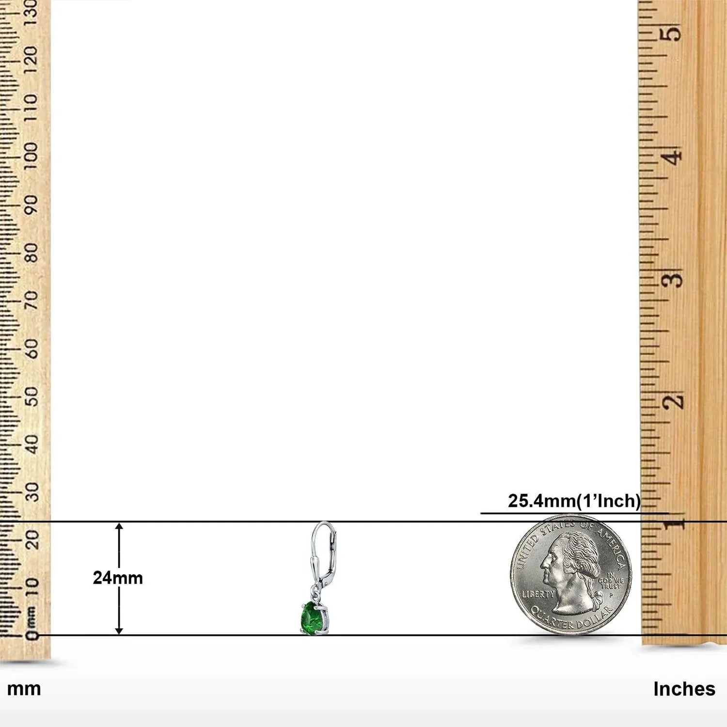 Sterling Silver Emerald Pear Halo Leverback Drop Earrings displayed with rulers and coin for size comparison