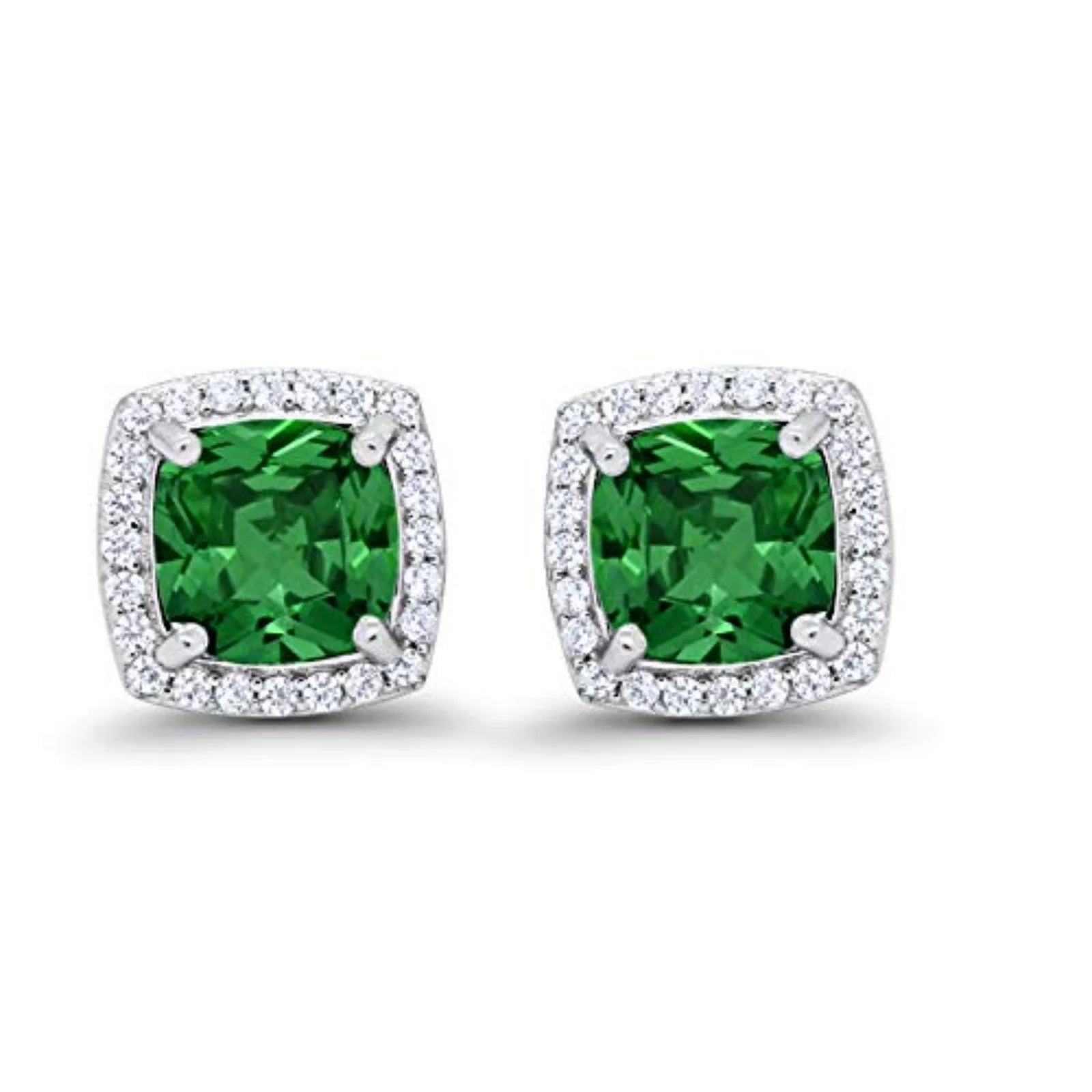 Melchior Jewellery sterling silver emerald stud earrings with sparkling white stones surrounding vibrant green gems