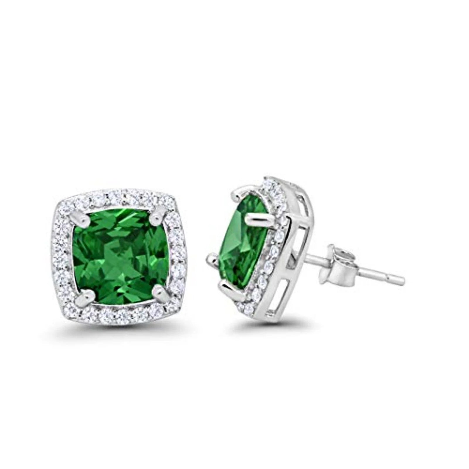 Melchior Jewellery sterling silver emerald stud earrings with square green gemstones and surrounding clear stones