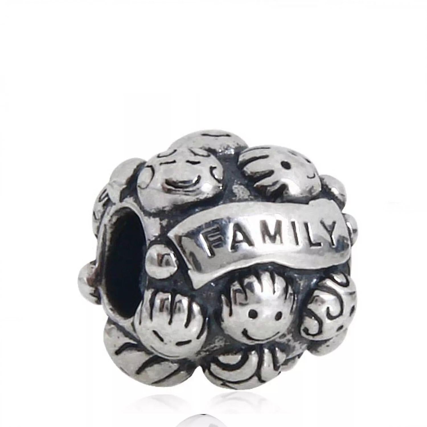Melchior Jewellery sterling silver family charm bead with engraved family banner and smiling faces design