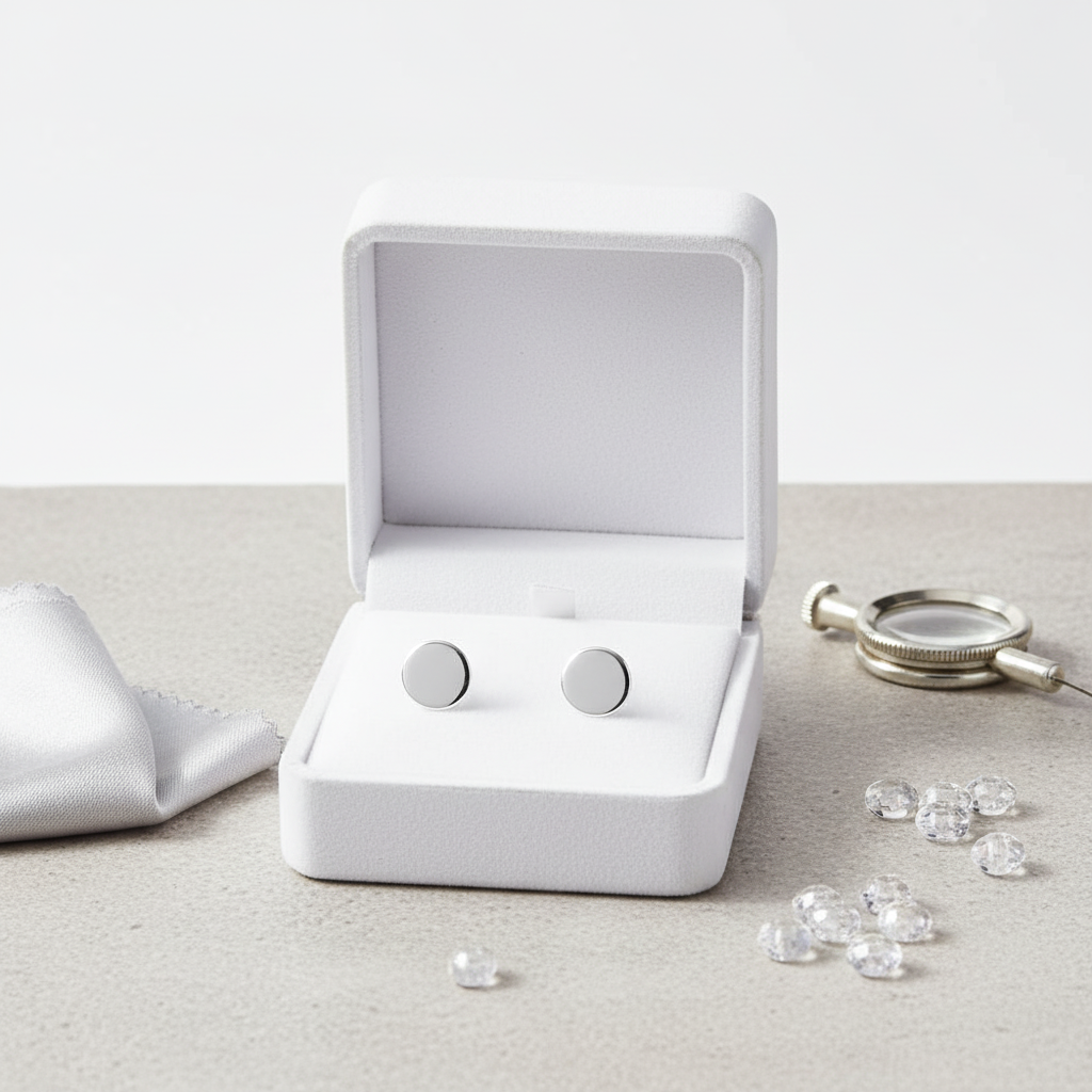 Melchior Jewellery sterling silver flat disc stud earrings displayed in white jewellery box
