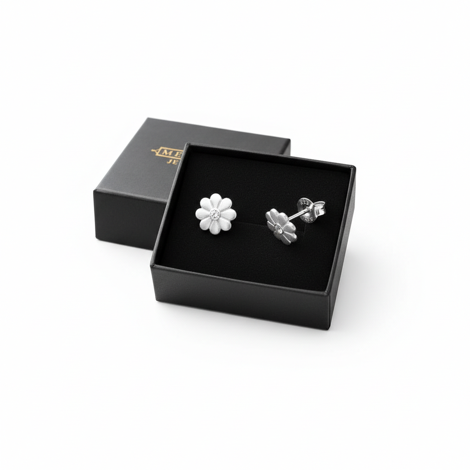 Sterling silver flower stud earrings for girls by Melchior Jewellery in black gift box