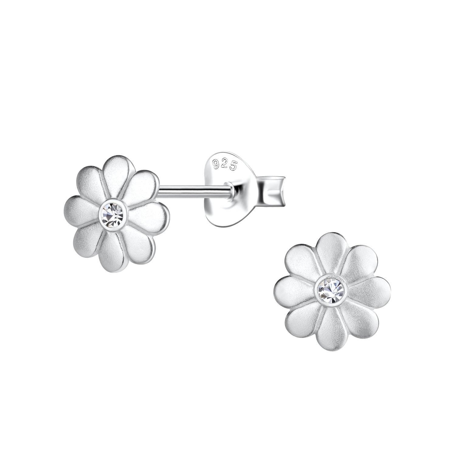 Melchior Jewellery sterling silver flower stud earrings for girls with a crystal centre