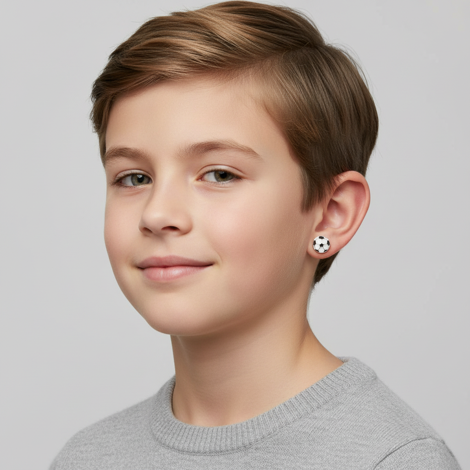 Boy wearing Melchior Jewellery sterling silver football stud earrings with black and white football design