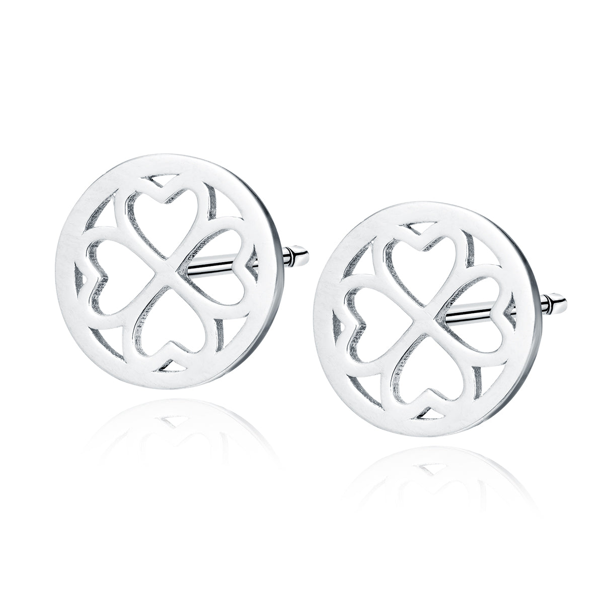 Sentiell sterling silver four leaf clover earrings with heart-shaped petals in round design