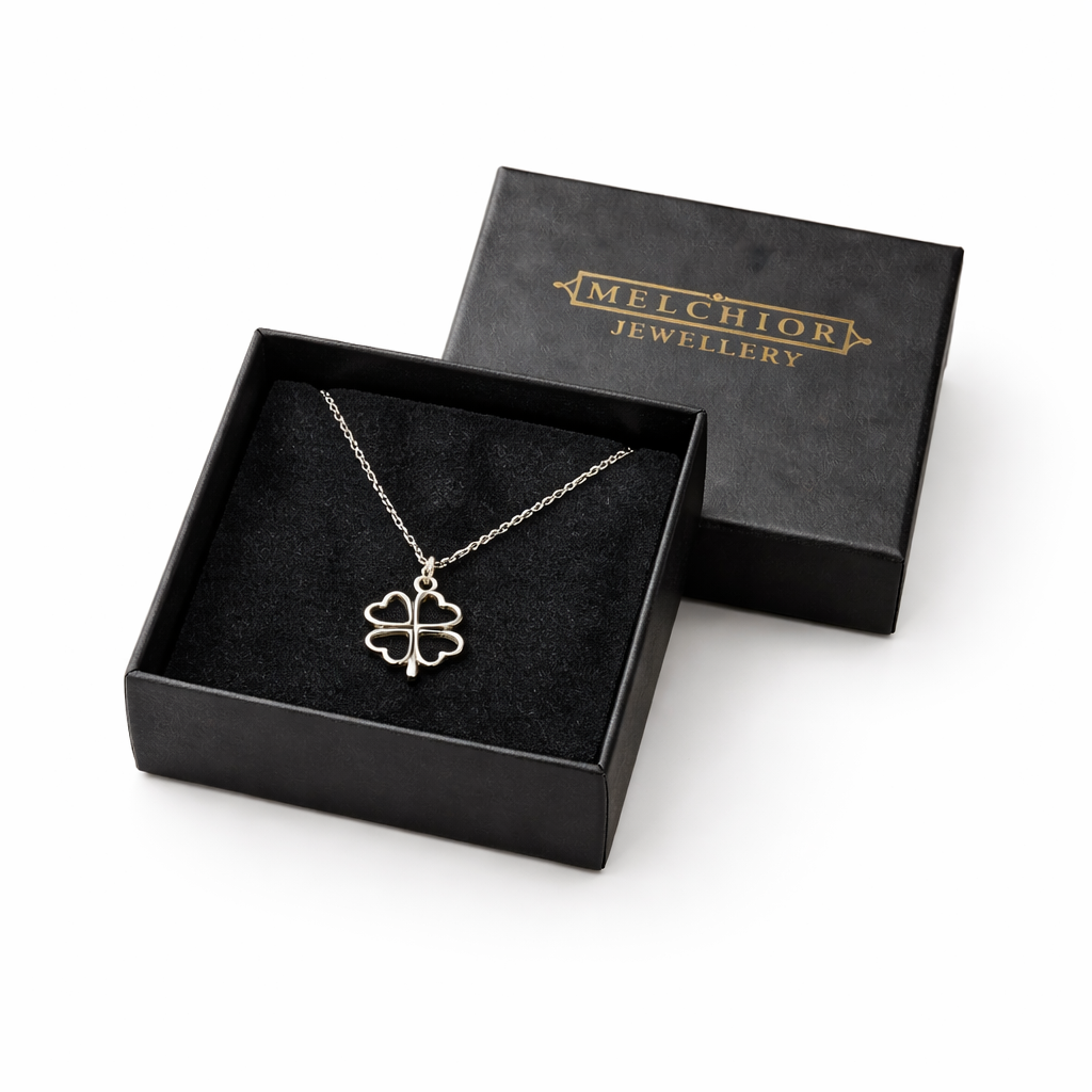 Sterling silver four leaf clover necklace by Melchior Jewellery in black gift box