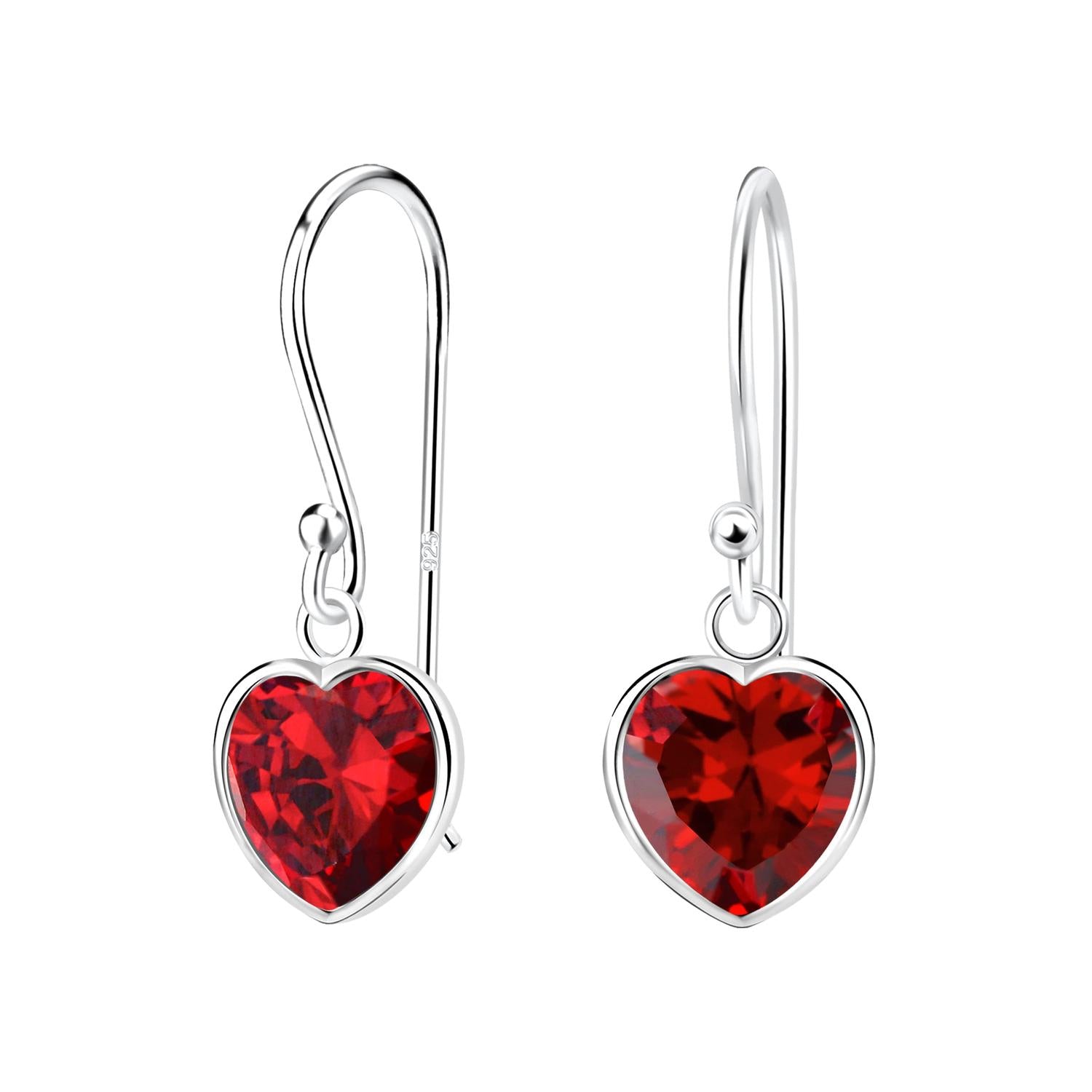 Sterling silver garnet cz heart earrings with deep red heart-shaped stones on delicate hooks