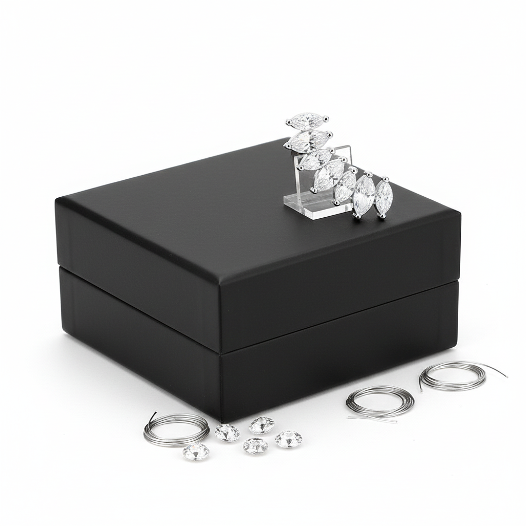 Melchior Jewellery sterling silver geometric earring displayed on black box with crafting materials