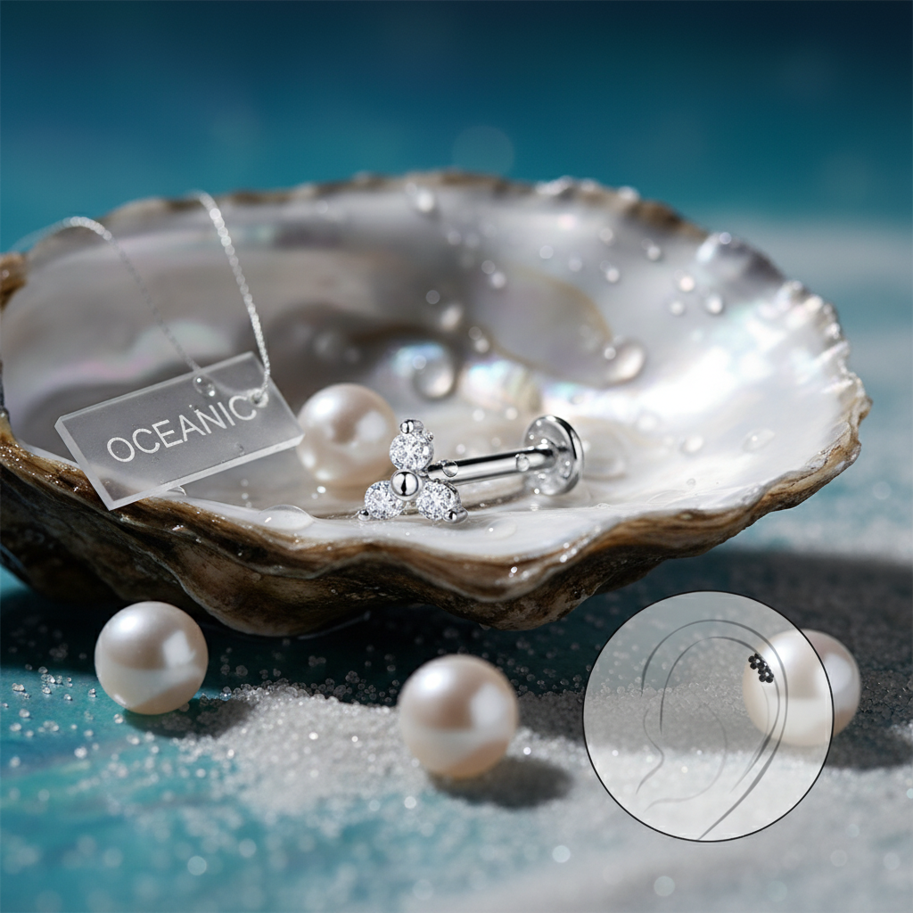 Sterling silver geometric labret stud displayed on a pearl-lined shell with ocean-inspired details