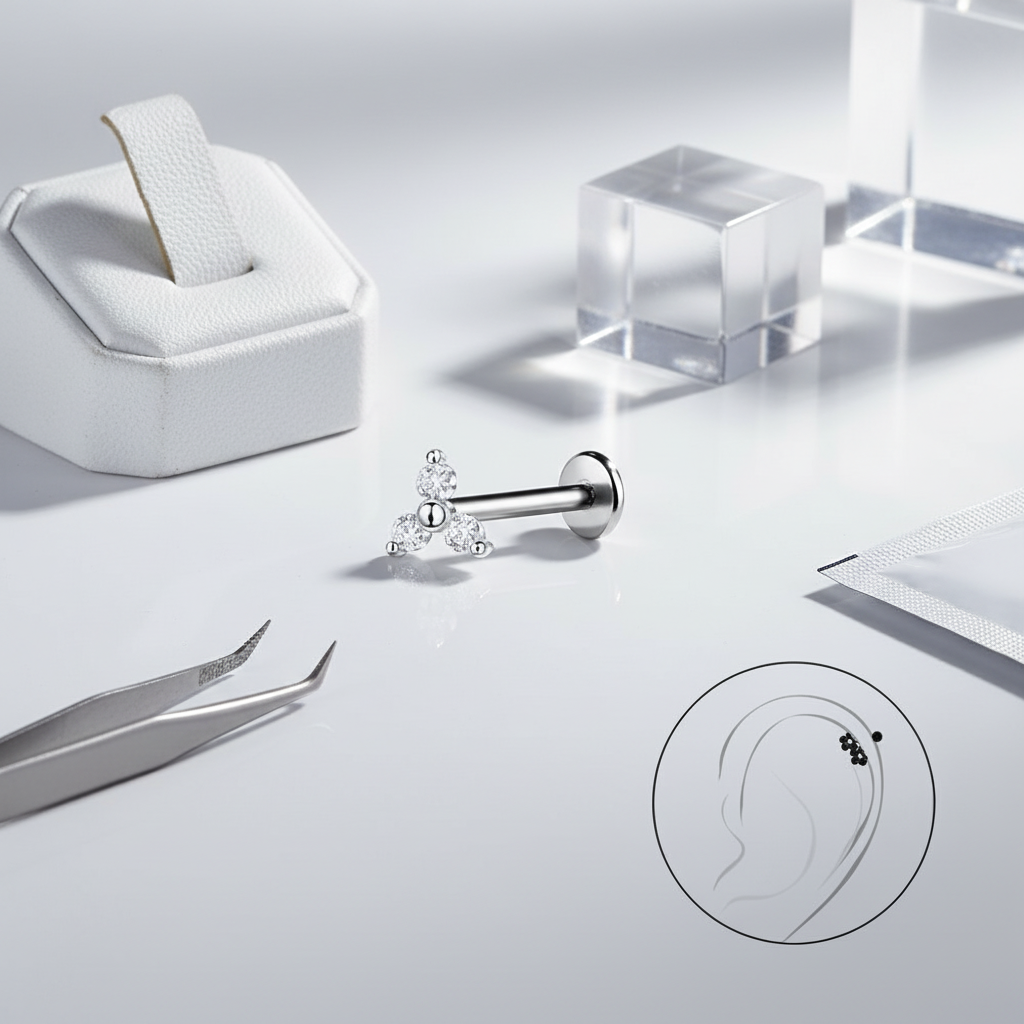 Sterling silver geometric labret stud from Melchior Jewellery displayed with tools and acrylic blocks