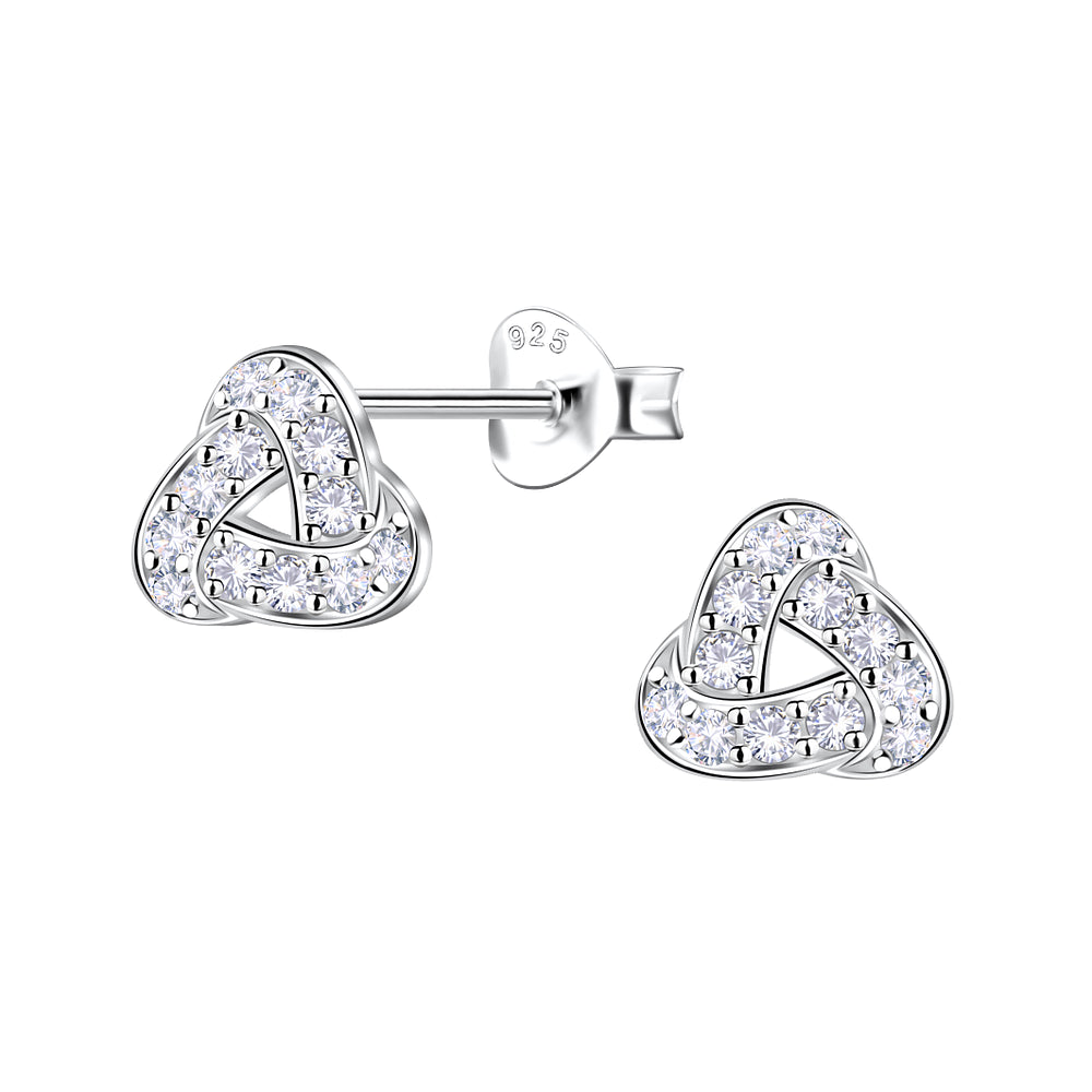 Melchior Jewellery sterling silver geometric stud earrings with sparkling stones in a triangular knot design