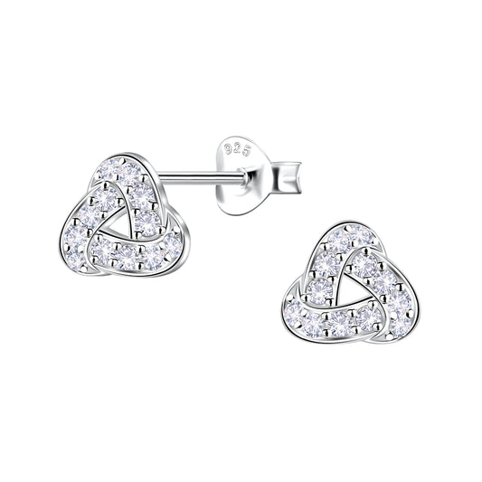 Melchior Jewellery sterling silver geometric stud earrings with sparkling stones in a triangular knot design