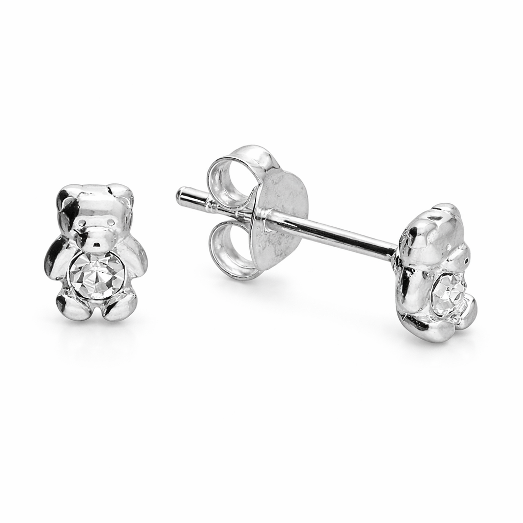 Sterling silver girls April birthstone stud earrings shaped like shiny teddy bears with clear gemstone centre