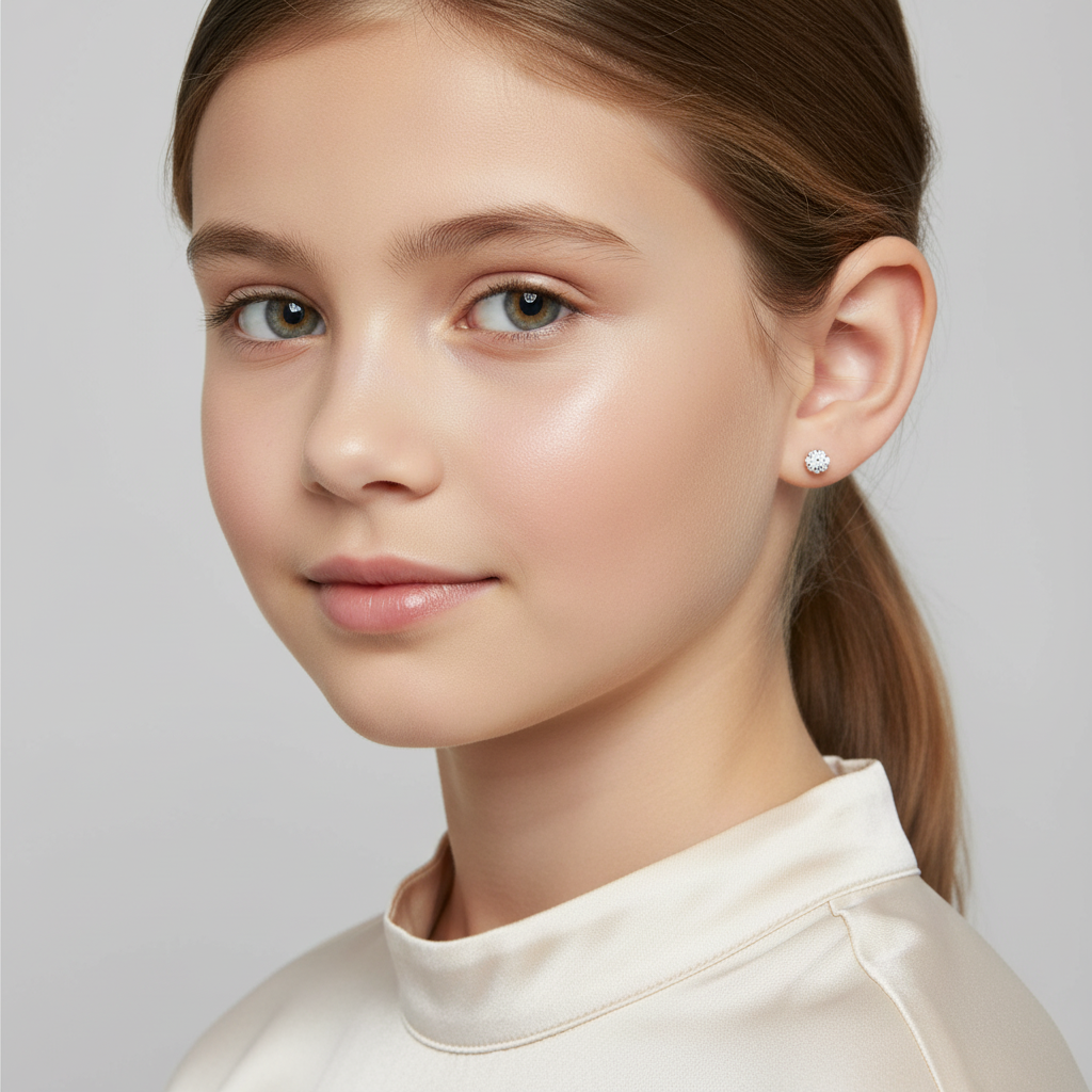 Melchior Jewellery sterling silver girls crystal stud earrings worn by young girl with light brown hair