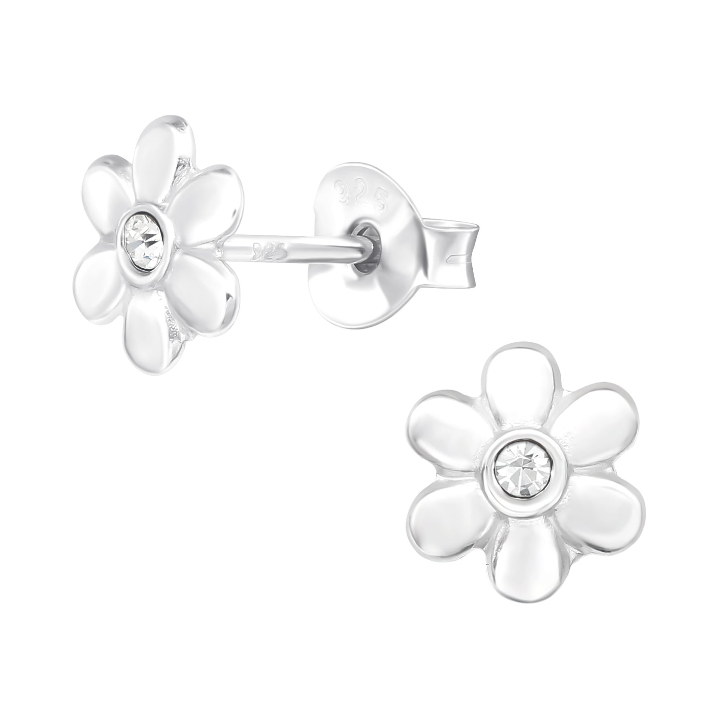 Sterling silver girls flower earrings with clear crystal centre from Melchior Jewellery
