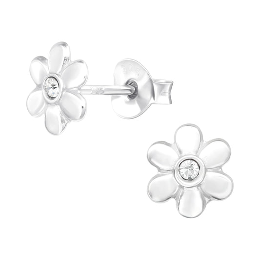 Sterling silver girls flower earrings with clear crystal centre from Melchior Jewellery