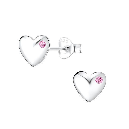 Sterling silver girls heart earrings with small pink gemstone by Melchior Jewellery