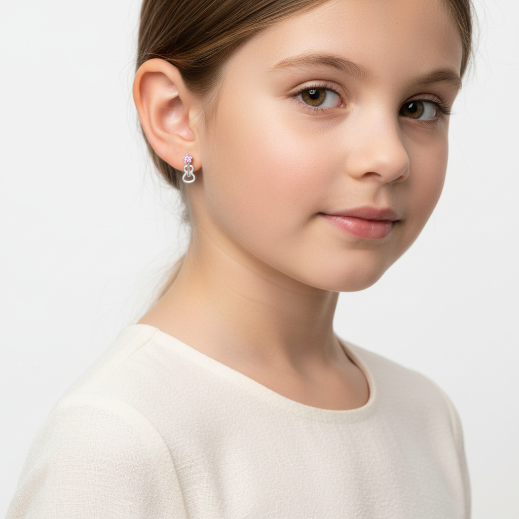 Sterling silver guitar earrings for kids worn by a young girl in a white top by Melchior Jewellery
