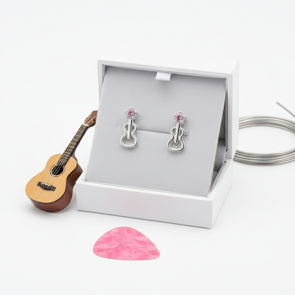 Sterling silver guitar earrings for kids with pink gemstones displayed in white jewellery box