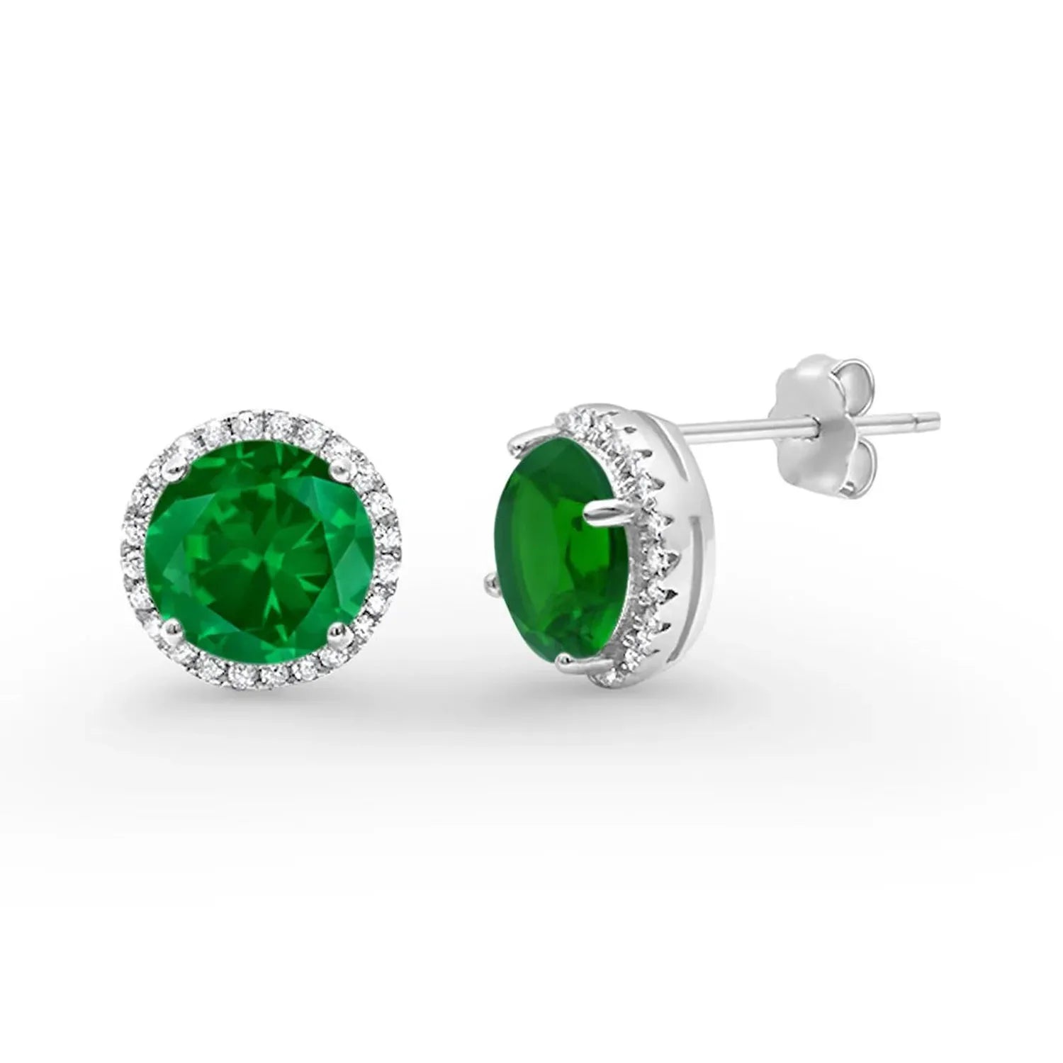 Sterling silver halo wedding emerald CZ stud earrings with vibrant green centre stones and sparkling clear cubic zirconia