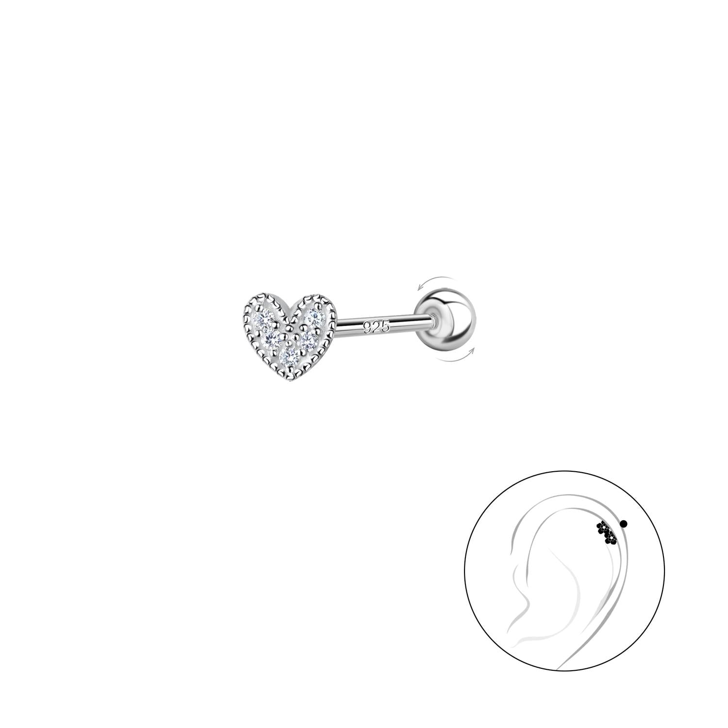 Melchior Jewellery sterling silver heart cartilage stud with sparkling stones for ear piercing