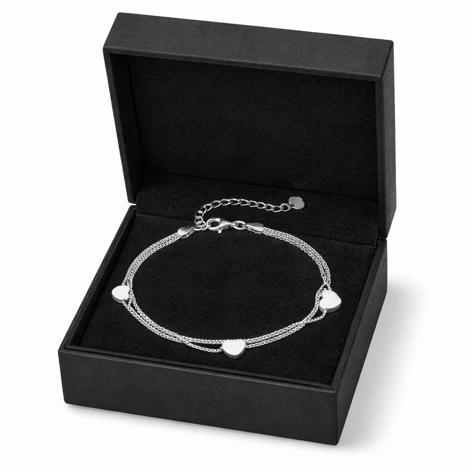 Sterling silver heart charm bracelet for women by Melchior Jewellery in black gift box