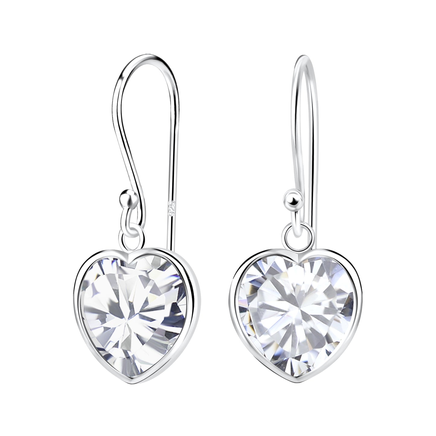 Melchior Jewellery sterling silver heart drop earrings with clear sparkling heart-shaped stones