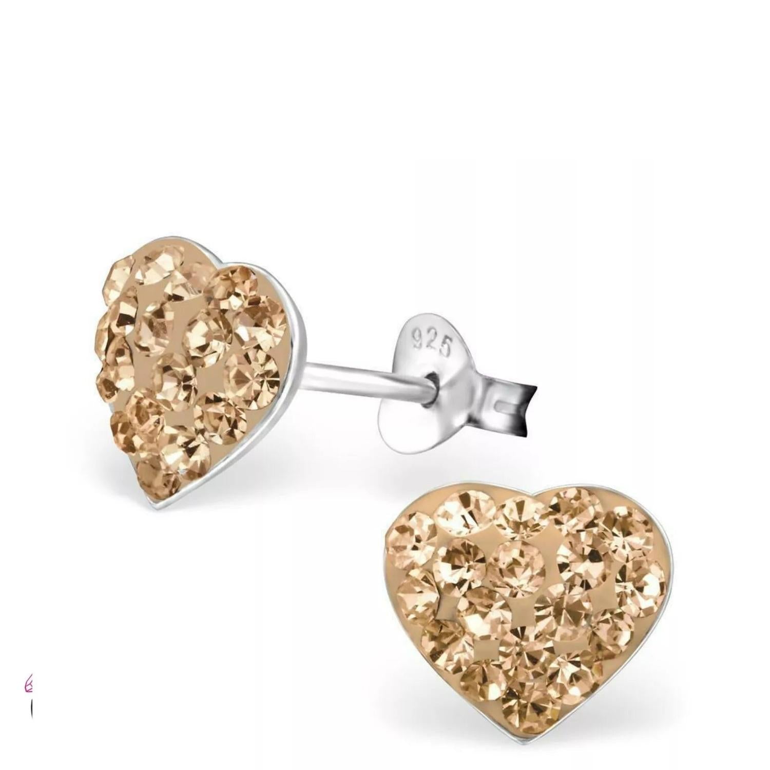Sterling silver heart earrings for girls with sparkling gold-tone crystals by Melchior Jewellery