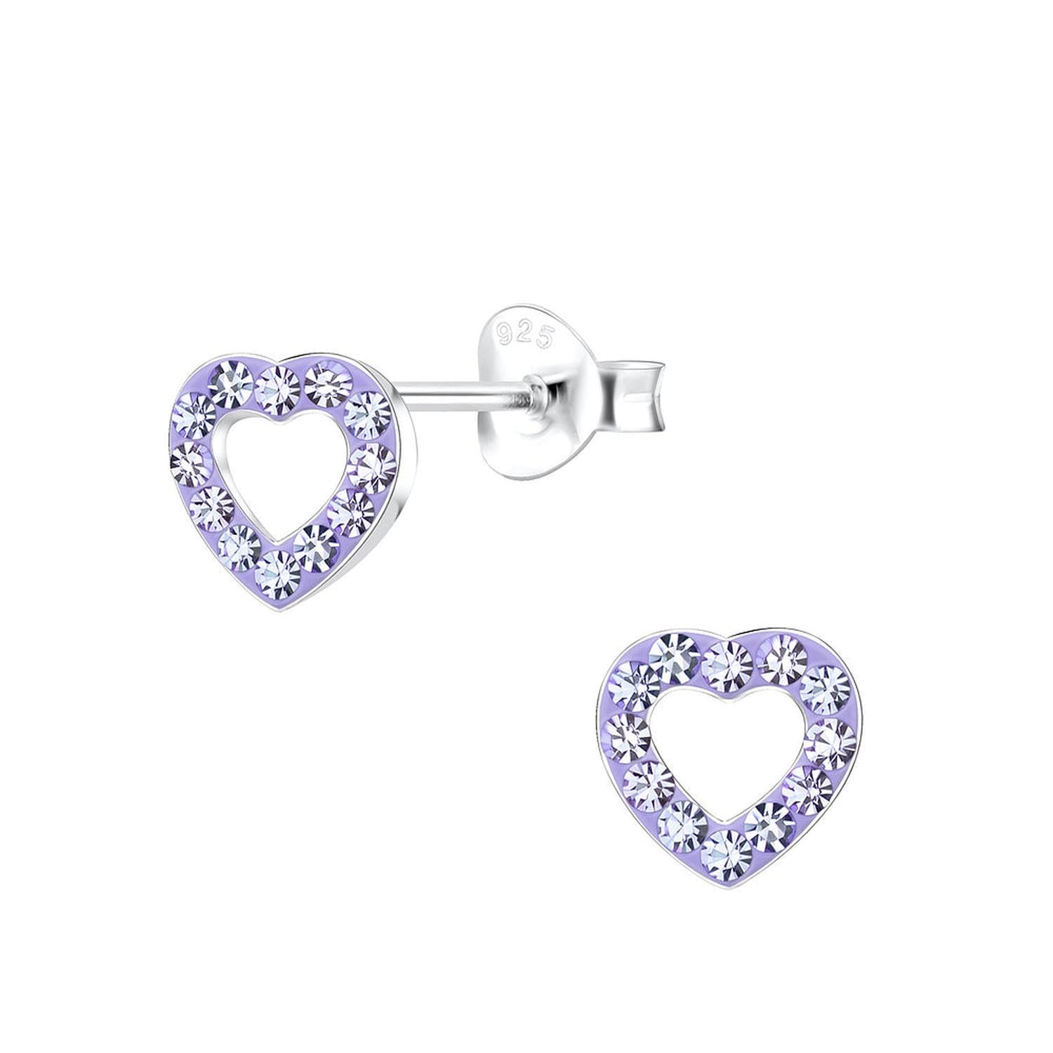 Sterling silver heart earrings for girls with purple crystal accents by Melchior Jewellery