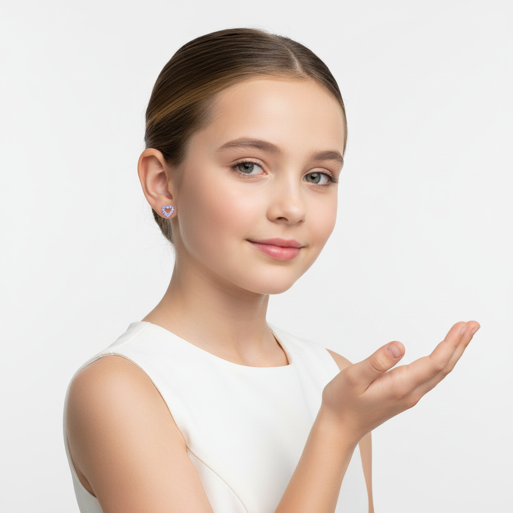 Young girl wearing Melchior Jewellery sterling silver heart earrings for girls with a white sleeveless top