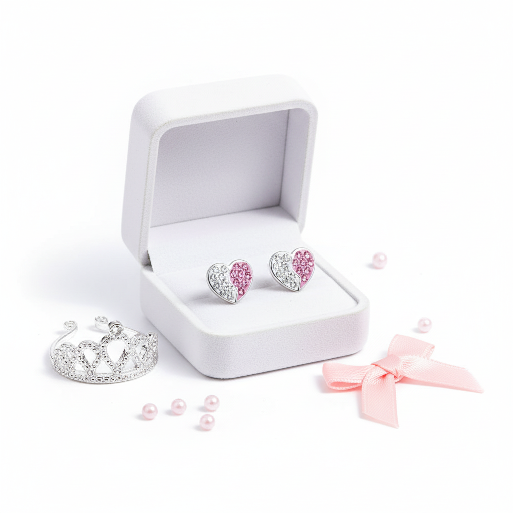 Sterling silver heart earrings for kids in white and pink displayed in a white jewellery box with a small tiara and pink bow