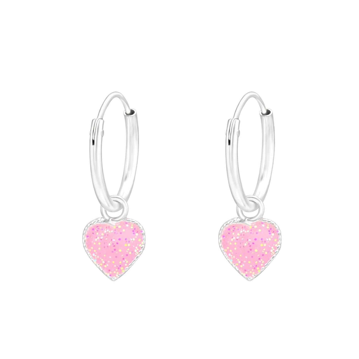 Melchior Jewellery sterling silver heart earrings with pink glitter enamel hearts on silver hoops
