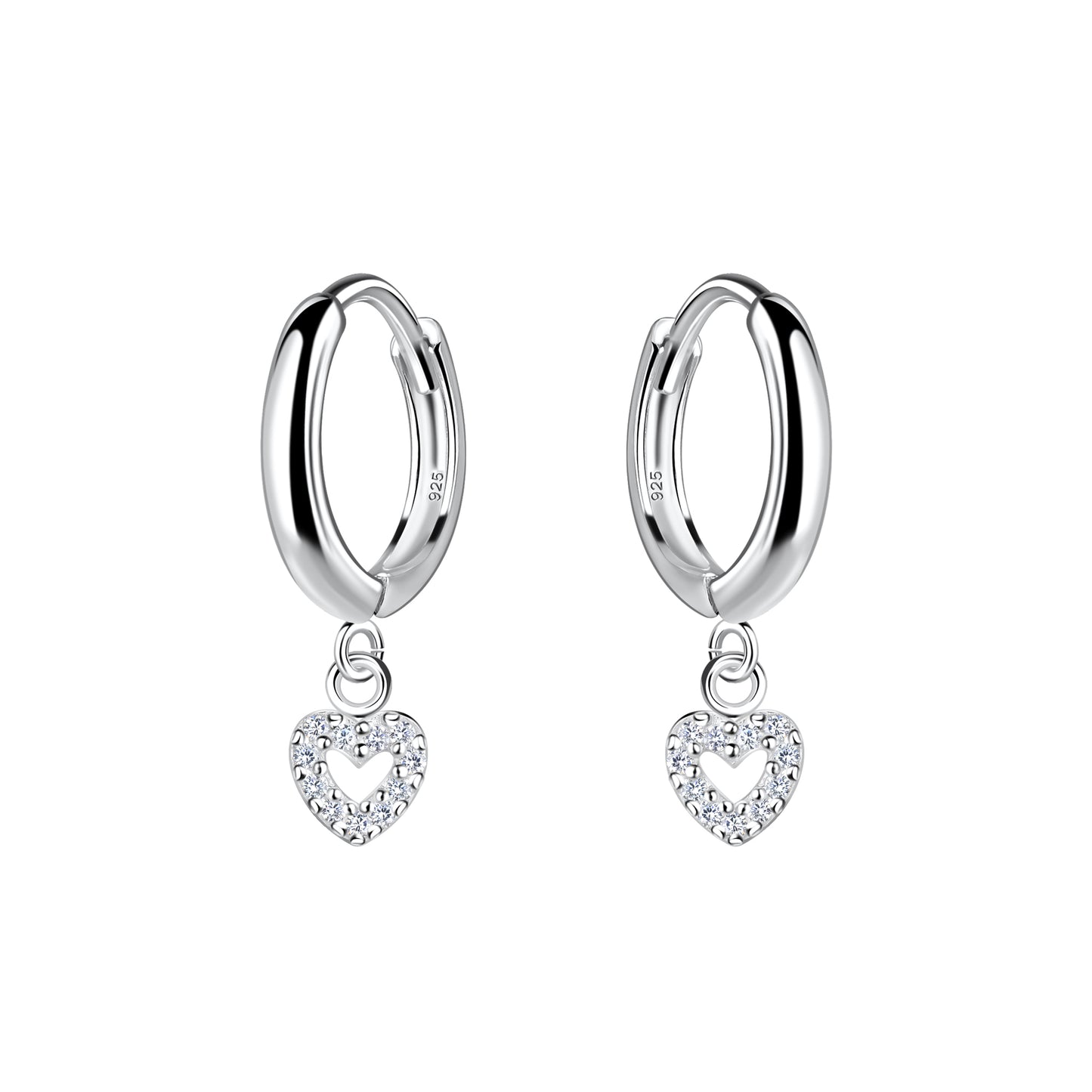Melchior Jewellery sterling silver heart hoop earrings with sparkling crystal heart charms