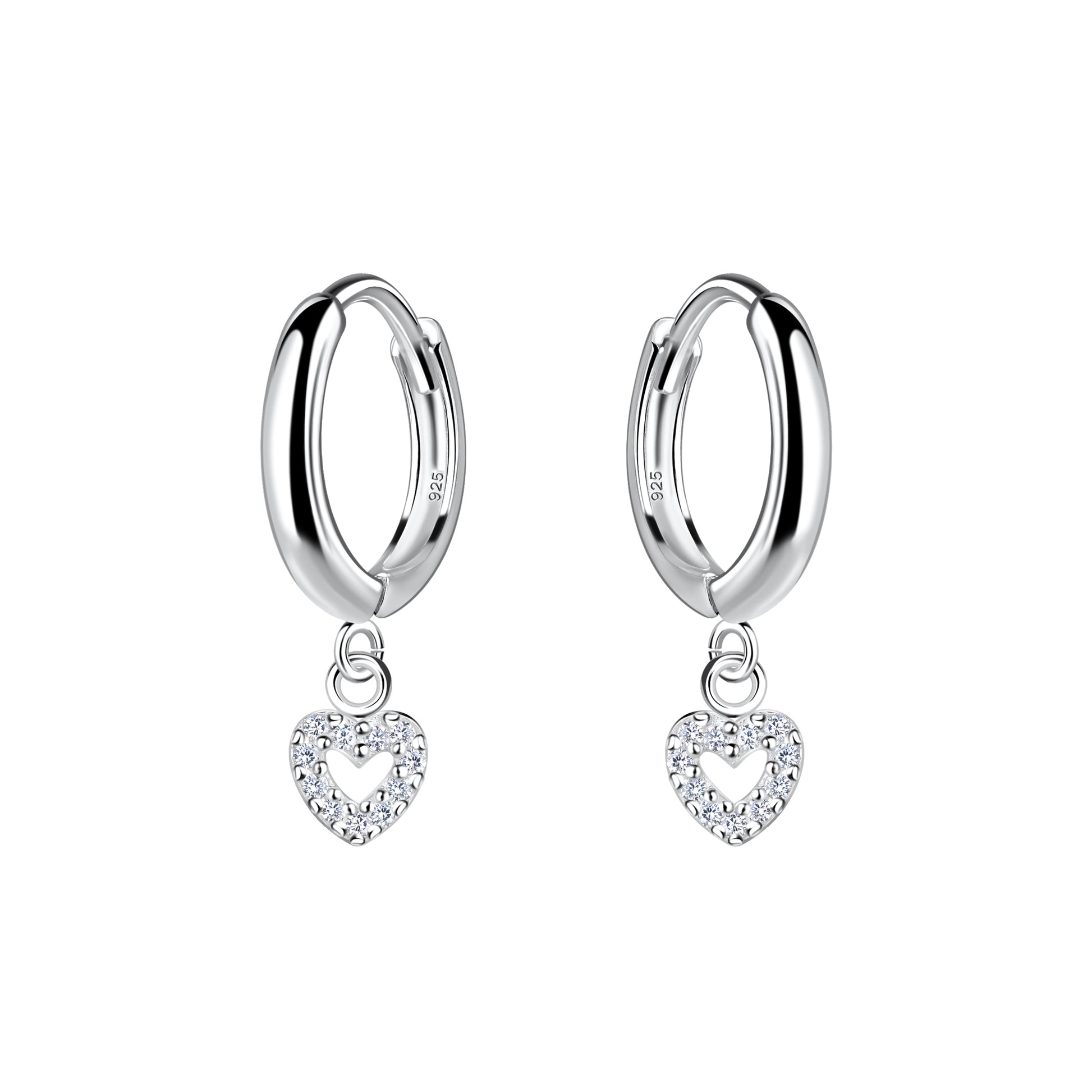 Melchior Jewellery sterling silver heart hoop earrings with sparkling crystal heart charms