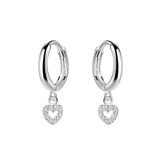 Melchior Jewellery sterling silver heart hoop earrings with sparkling crystal heart charms