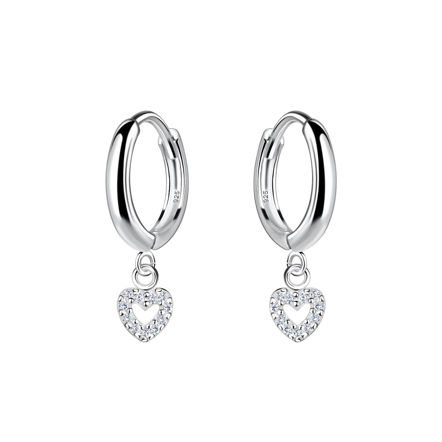 Sterling silver heart hoop huggie earrings with cubic zirconia stones by Melchior Jewellery