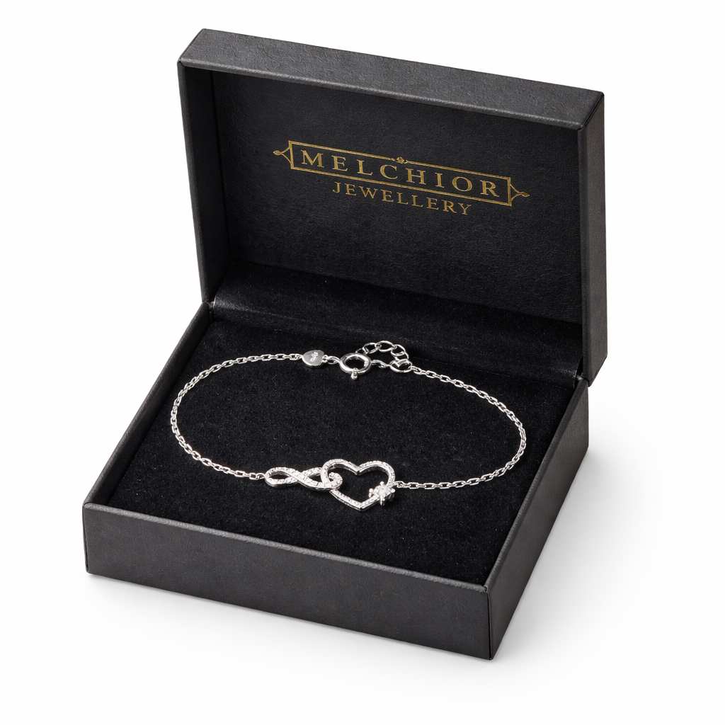 Melchior Jewellery sterling silver heart infinity bracelet in black luxury gift box