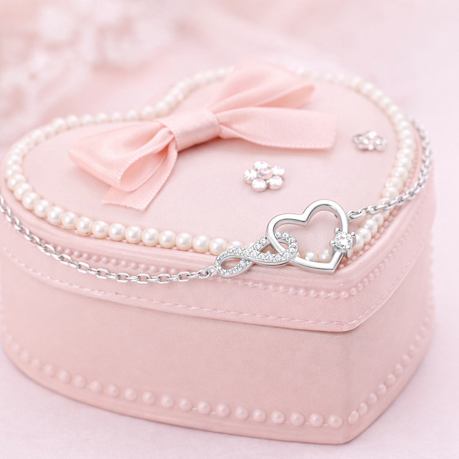 Sterling silver heart infinity bracelet with delicate chain and sparkling stones by Melchior Jewellery