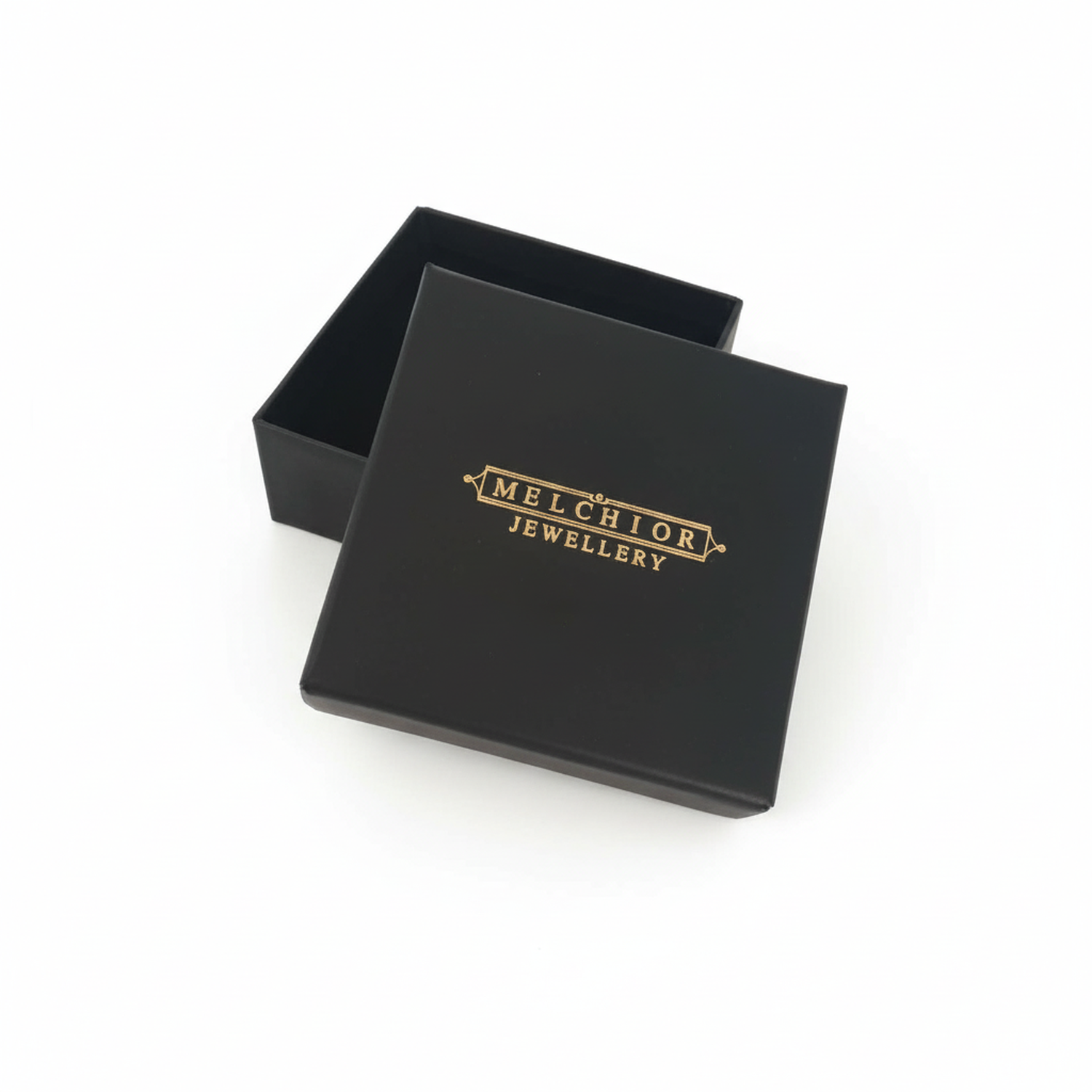 Black Melchior Jewellery box with gold logo, open lid on white background for sterling silver heart necklace for women